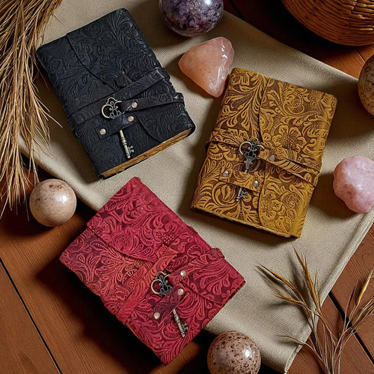 Embossed Leather Journal with Key | Deckle Edge Travel Book