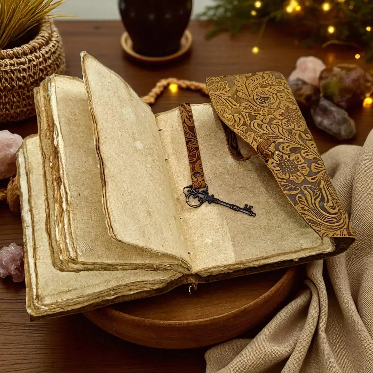 Embossed Leather Journal with Key | Deckle Edge Travel Book