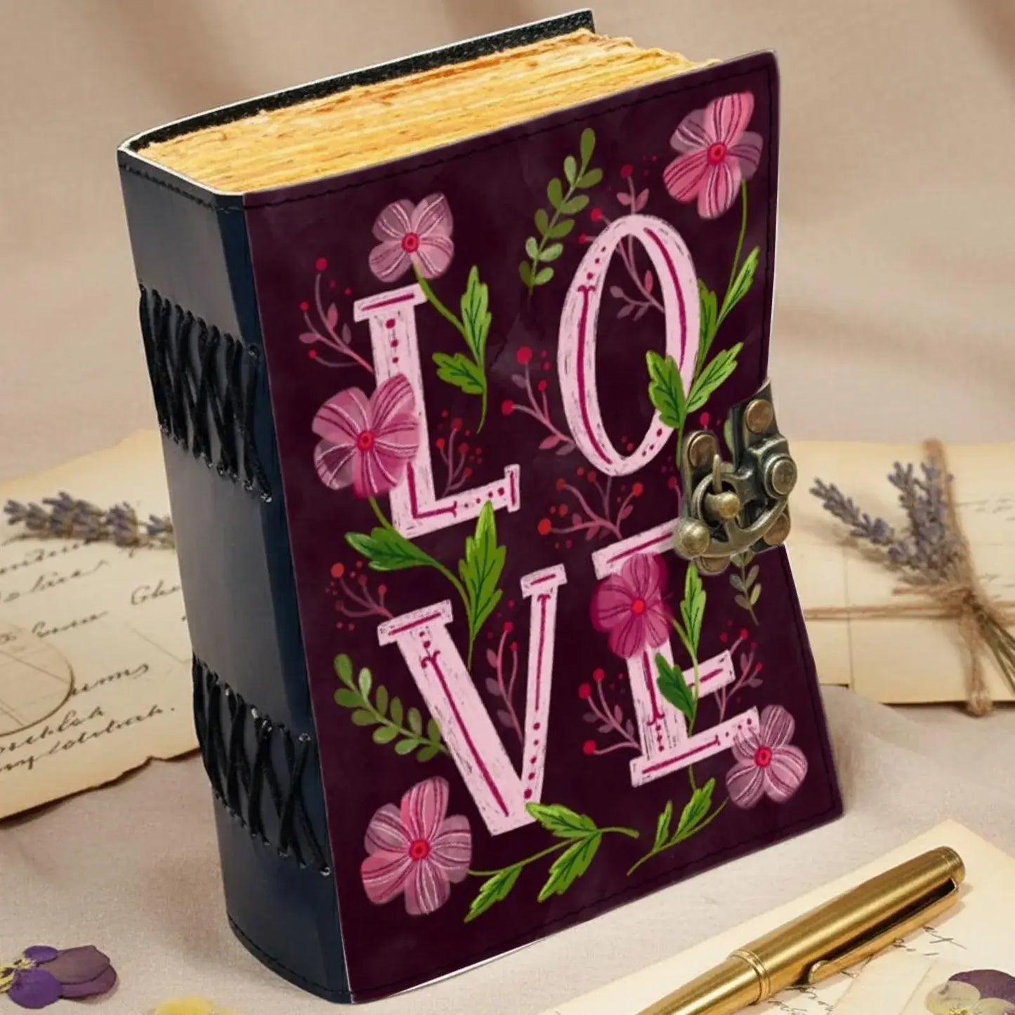 Floral LOVE Leather Journal – Handmade Romantic Notebook