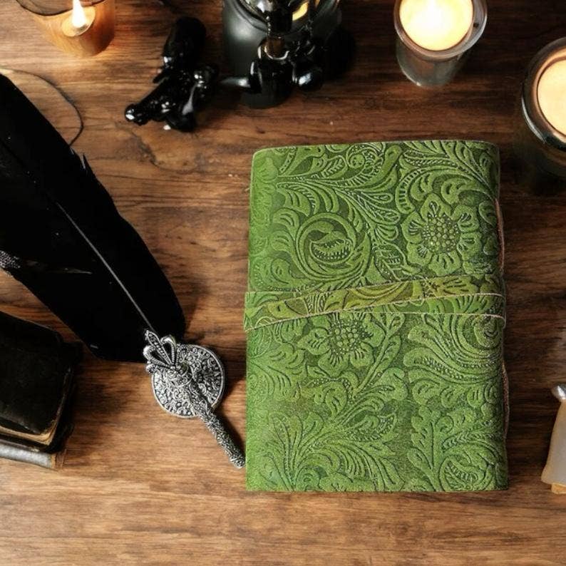 Green Floral journal Leather - Handmade Leather Bound