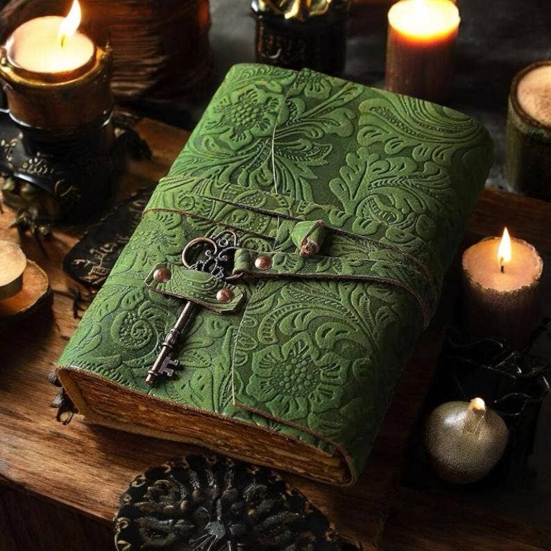 Green Floral journal Leather - Handmade Leather Bound