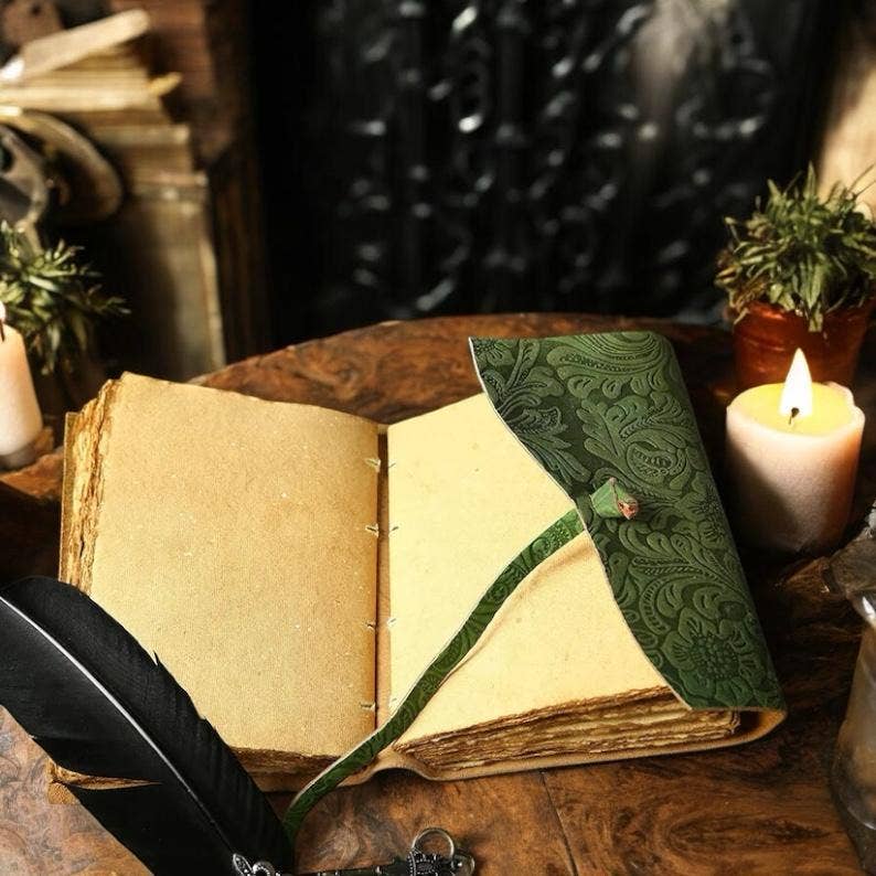 Green Floral journal Leather - Handmade Leather Bound