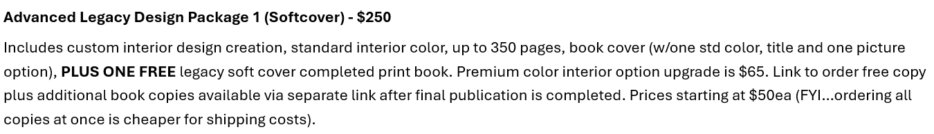Legacy Family Book Publishing Package Options