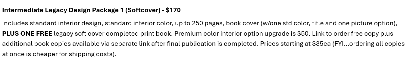 Legacy Family Book Publishing Package Options
