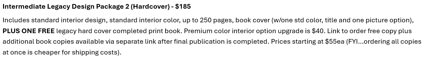 Legacy Family Book Publishing Package Options