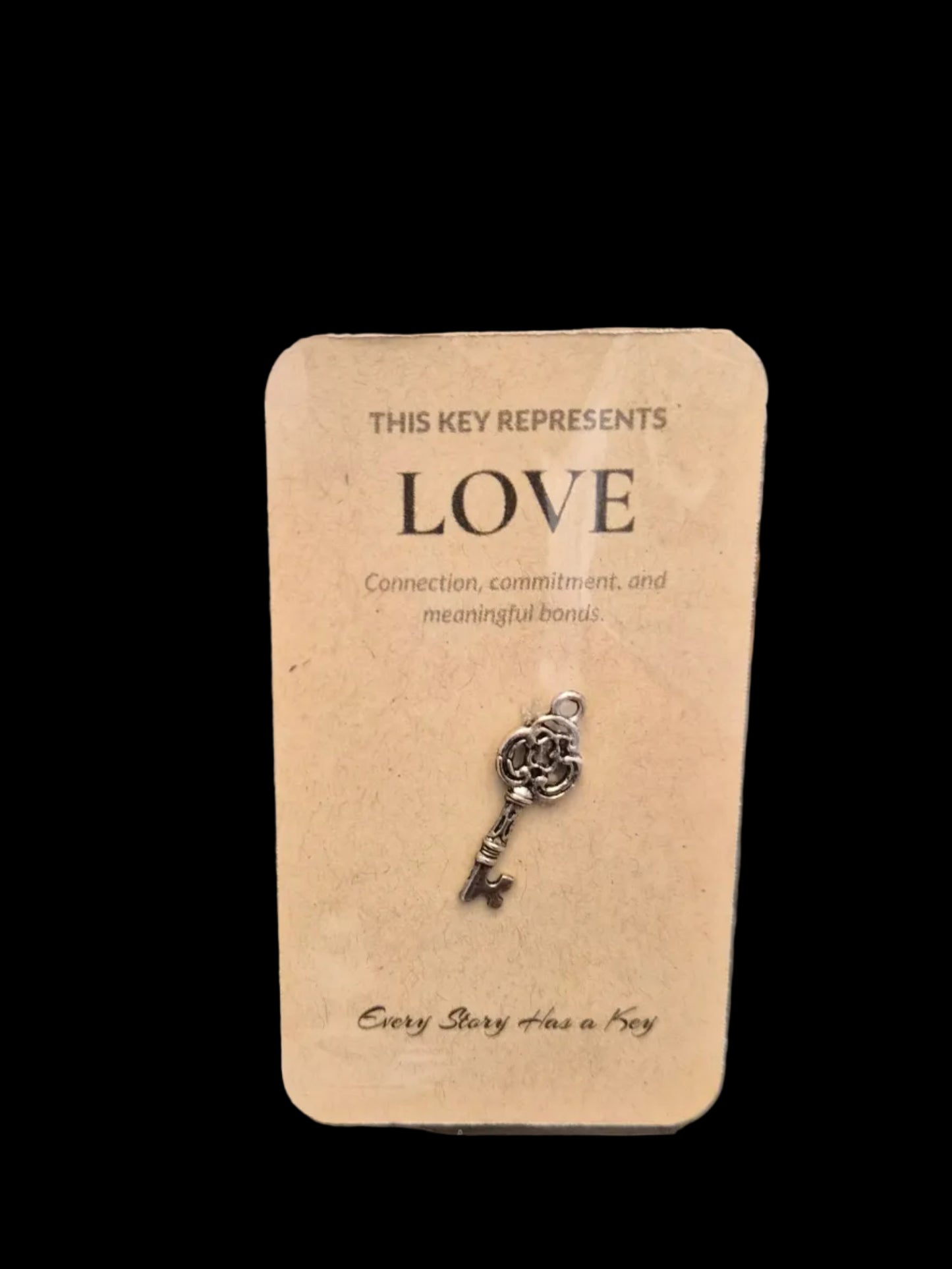 Key-shaped pendant on a card with 'This key represents LOVE' text, in clear packaging on a dark wooden surface.