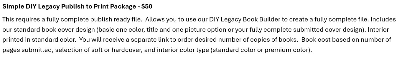 Legacy Family Book Publishing Package Options