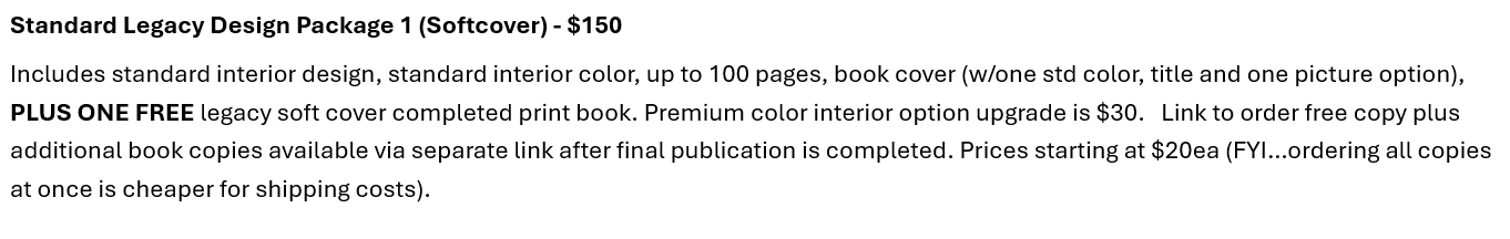 Legacy Family Book Publishing Package Options