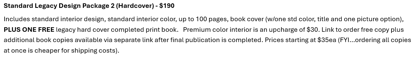 Legacy Family Book Publishing Package Options