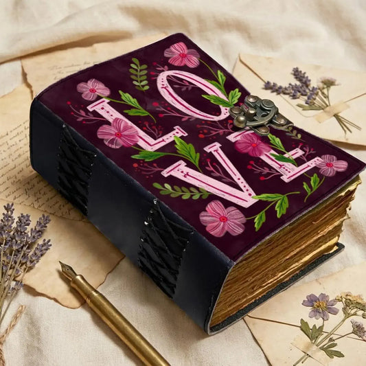 Floral LOVE Leather Journal – Handmade Romantic Notebook